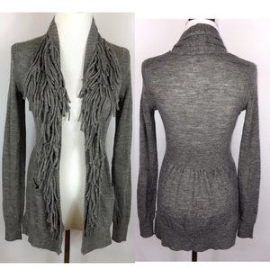REBECCA TAYLOR Deep Fringe Longer Grey Cardigan Long stretch Size S - XS